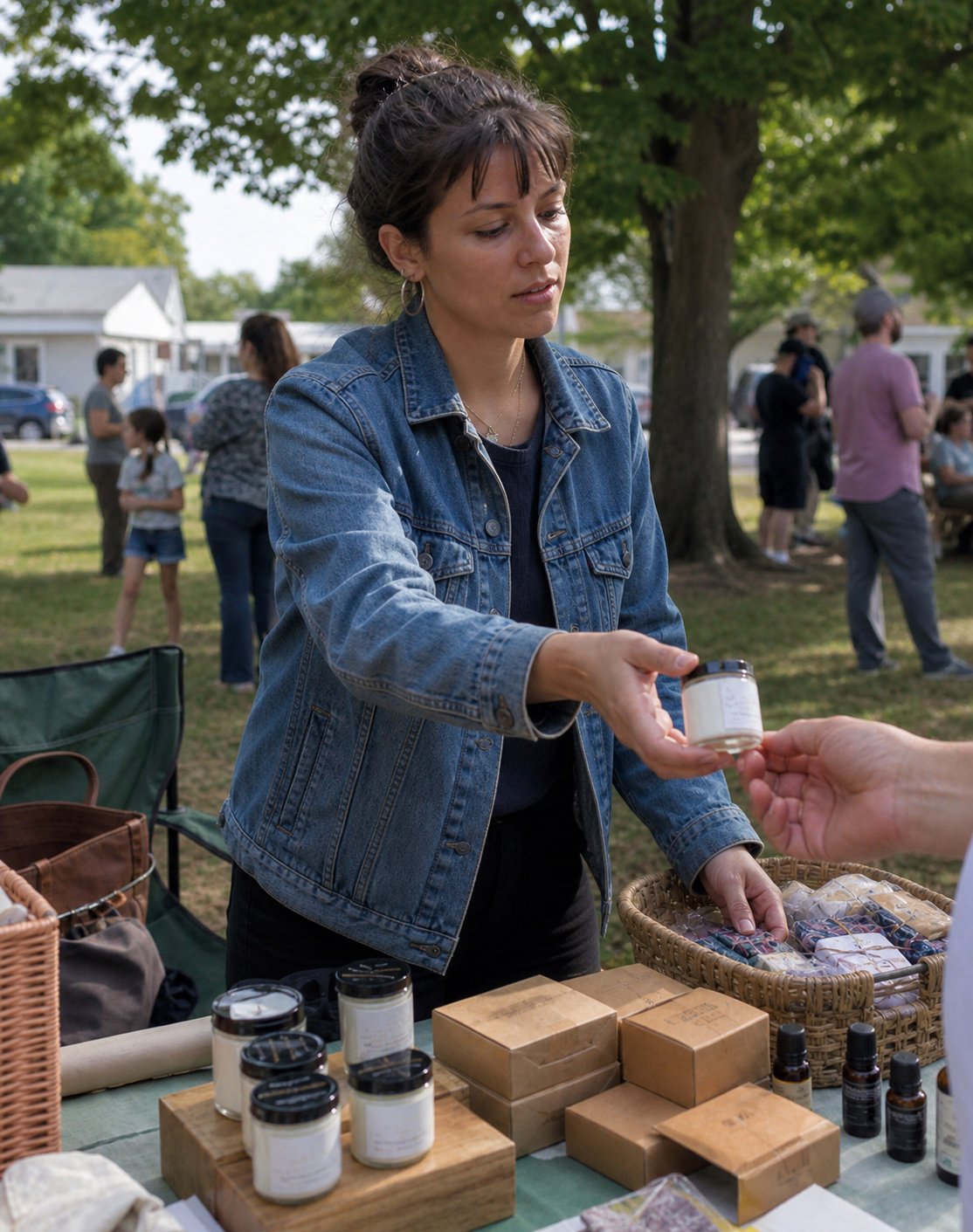 Sales promoter at community market event helping customer